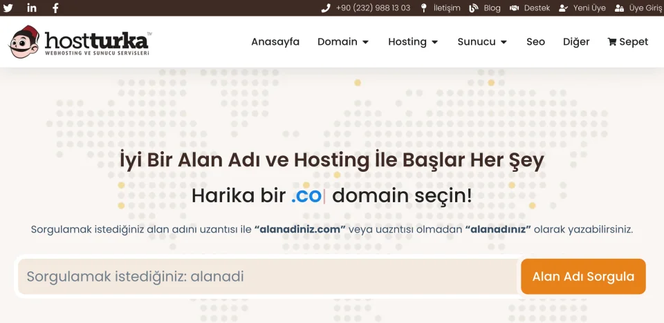 Yenilenme öncesindeki HostingTurka ana sayfası: fesli logo, harita desenli domain araması ve altın renkli buton