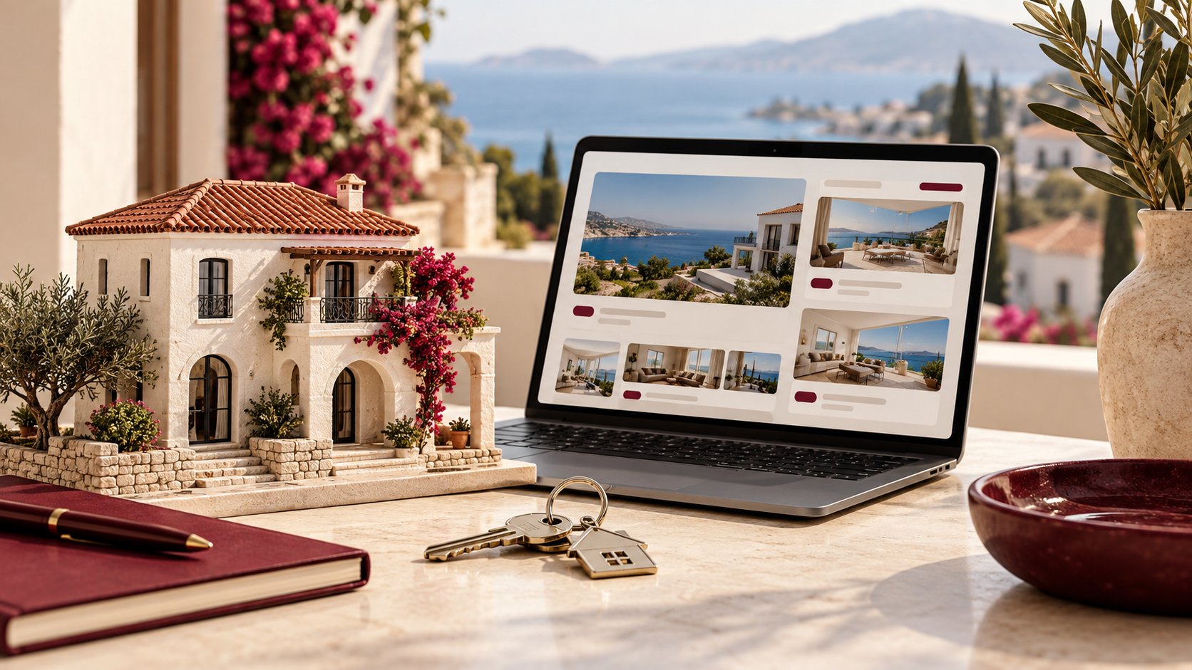 Ev modeli, anahtar ve emlak ilanı ekranı